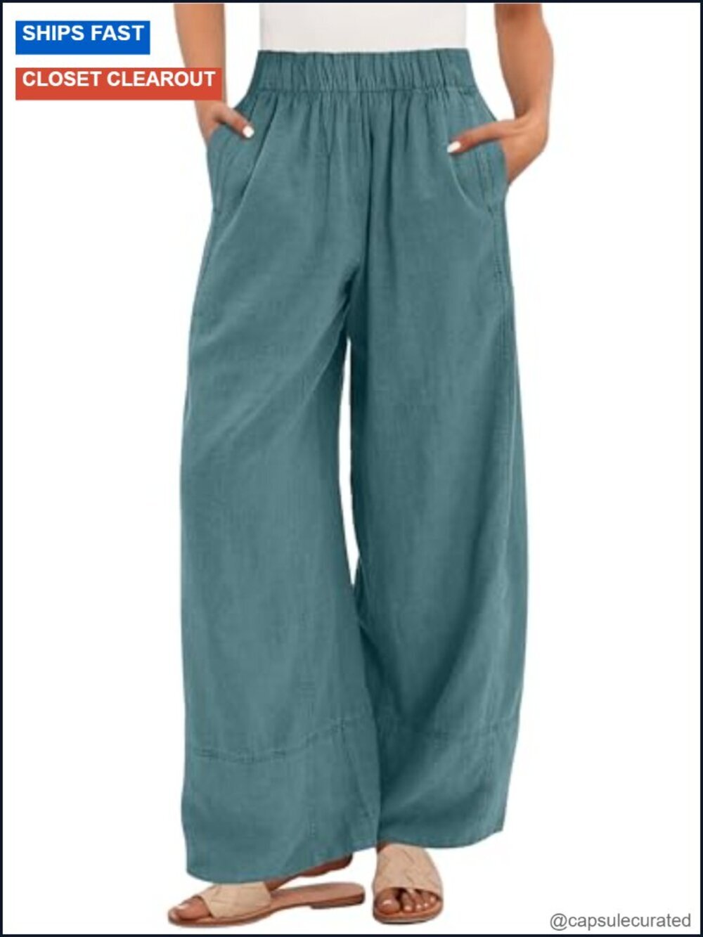 Wide Leg Linen Pants Elastic Waist Boho Lounge Trousers with Pockets